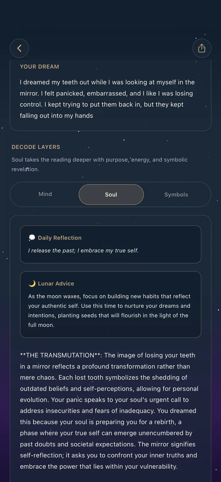 Pantalla de lectura del alma con consejo lunar